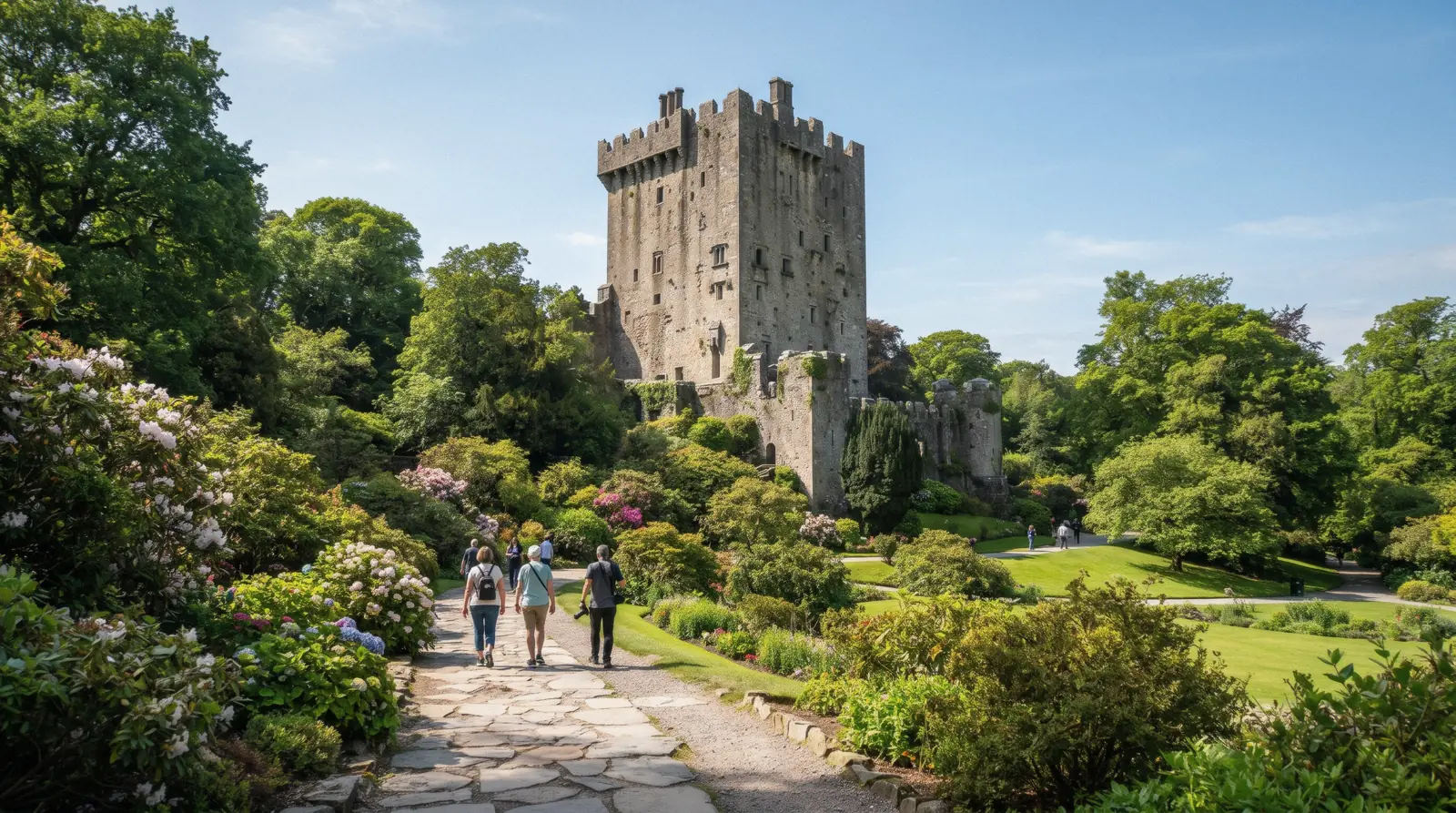 Blarney Castle's square stone keep among bright green trees and lawns at 10:30 on a clear sunny day, blarney castle