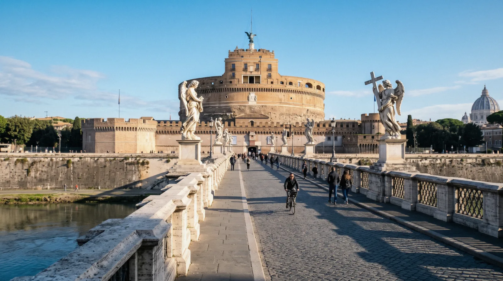 Castel Sant'Angelo and the Ponte Sant'Angelo with its white angel statues over the Tiber at 08:00 on a clear morning, castel sant angelo