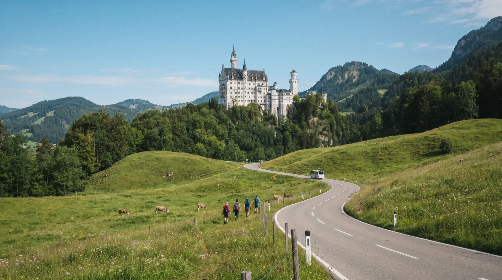 A coach road winding up through green Bavarian meadows towards a white castle on a hill at 09:00 on a clear morning, castle day trips