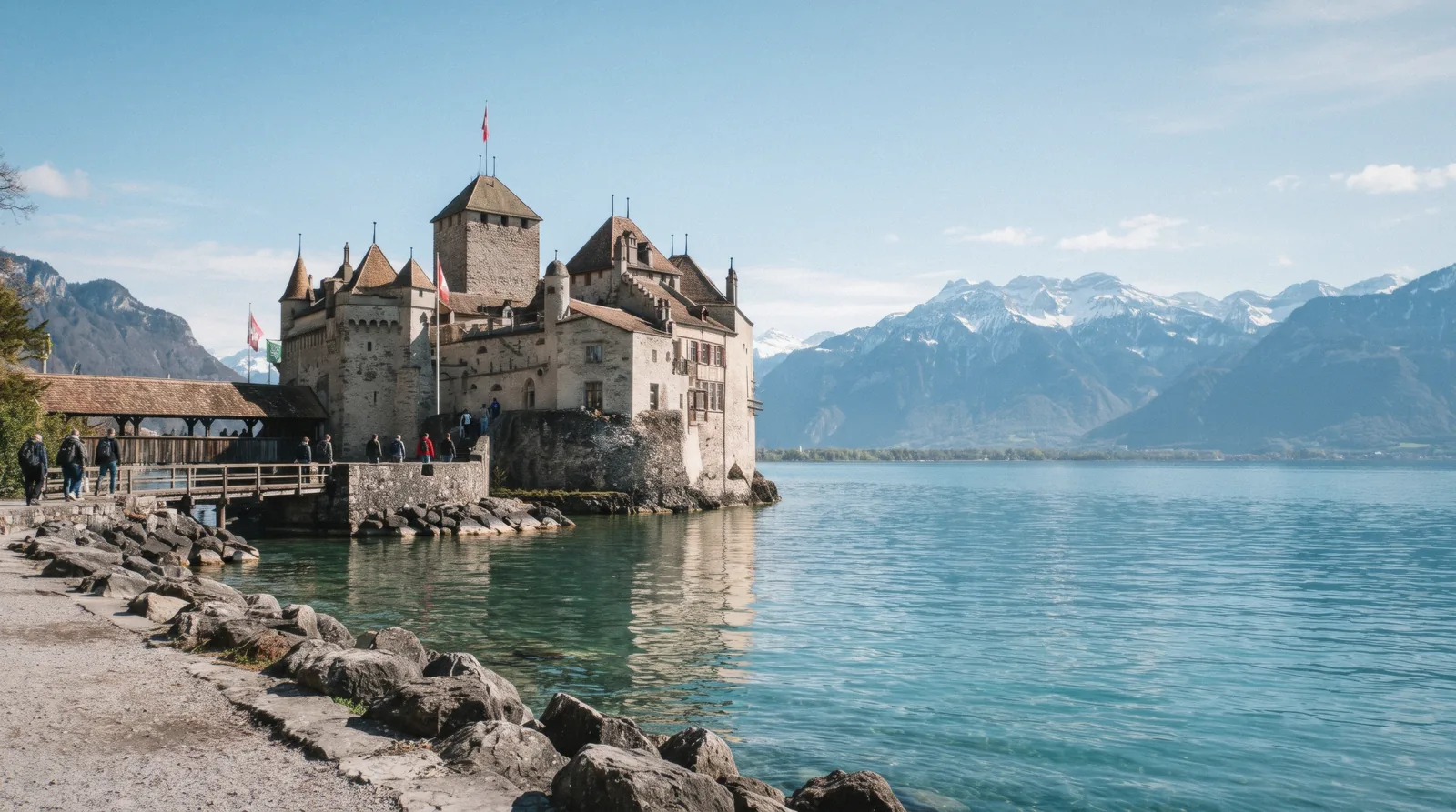 Chillon Castle on its rock island on the shore of Lake Geneva at 09:30 on a clear day, chillon castle