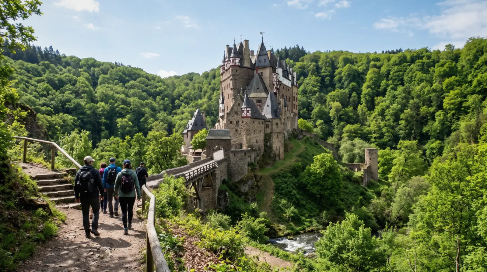 Eltz Castle rising from a rock spur in a wooded valley, eltz castle