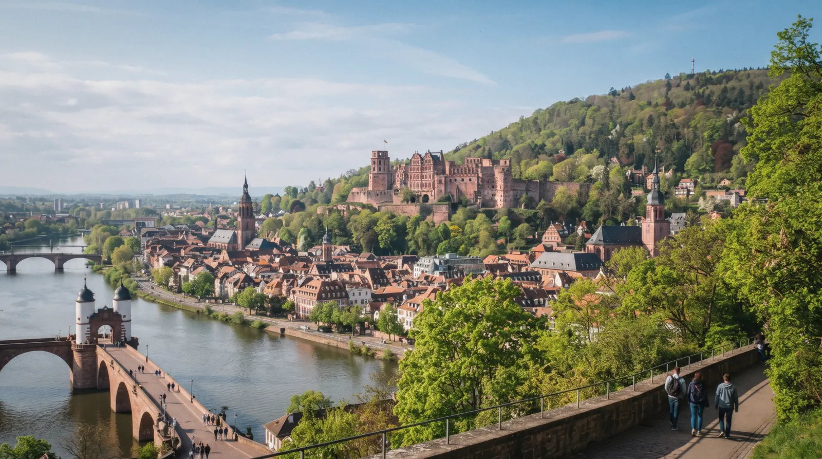 Heidelberg Castle's red sandstone ruins above the old town roofs and the Neckar river, heidelberg castle
