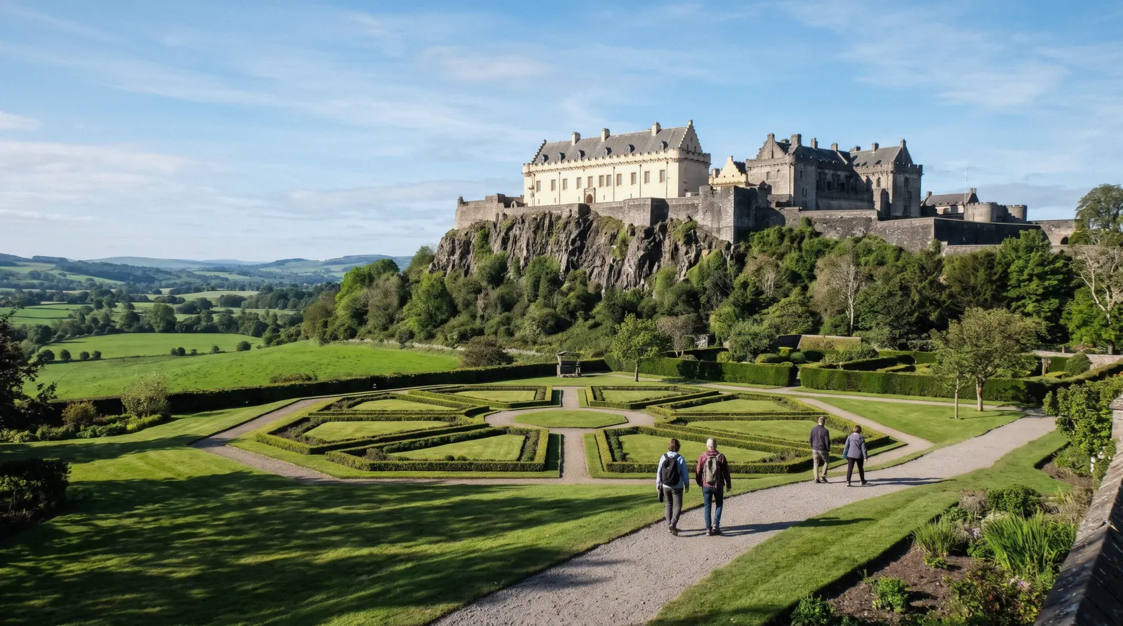 Stirling Castle on its crag above green fields seen from the King's Knot gardens at 10:00 on a bright clear day, stirling castle