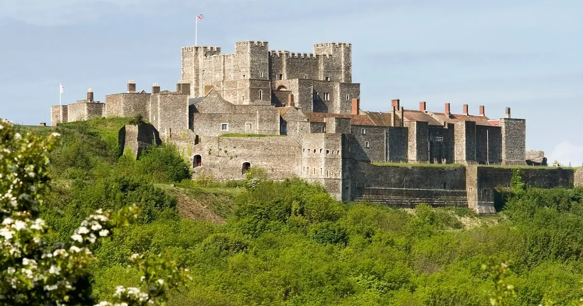 Entry to Dover Castle above the White Cliffs, with its wartime tunnels and Great Tower, on a tour of Leeds Castle, castle tours in Europe